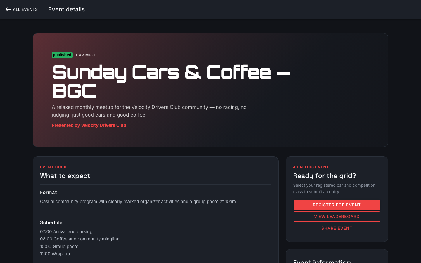 Car meet event page