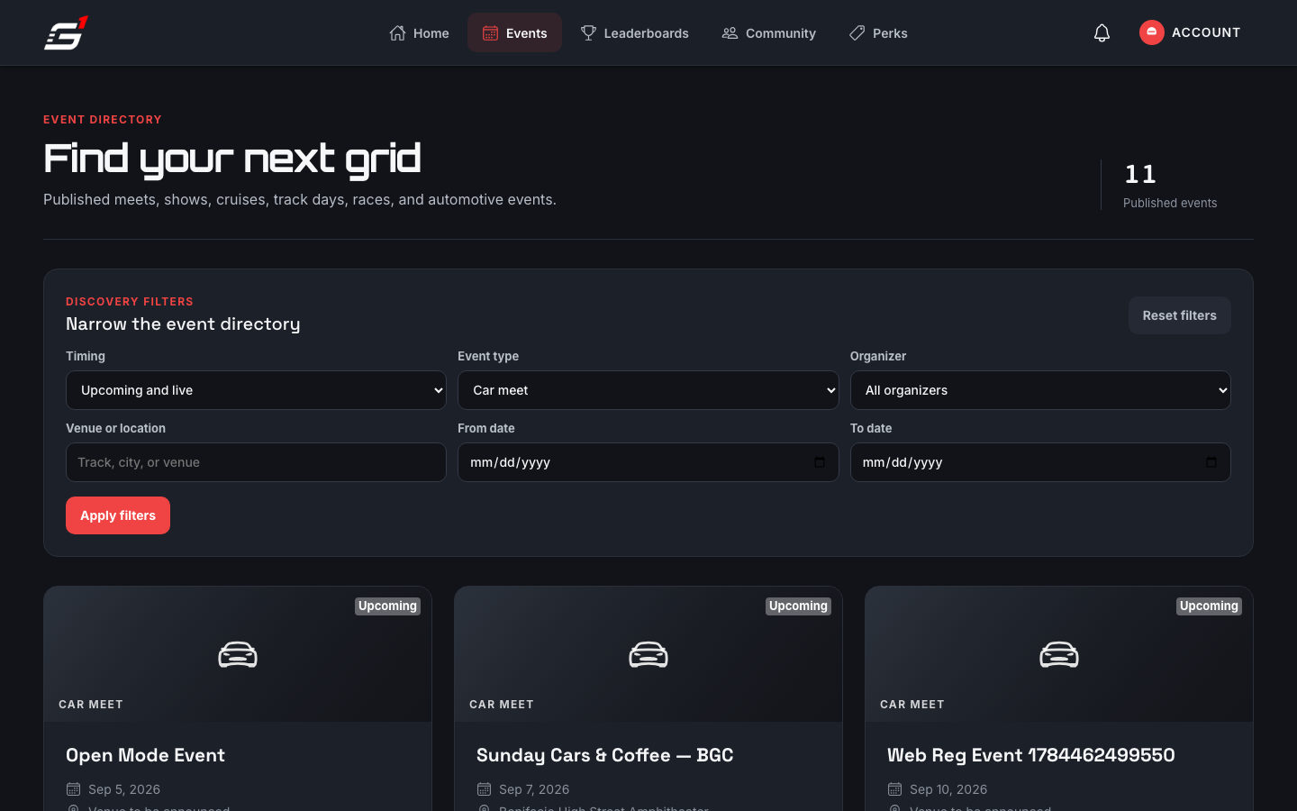 Event directory, filtered