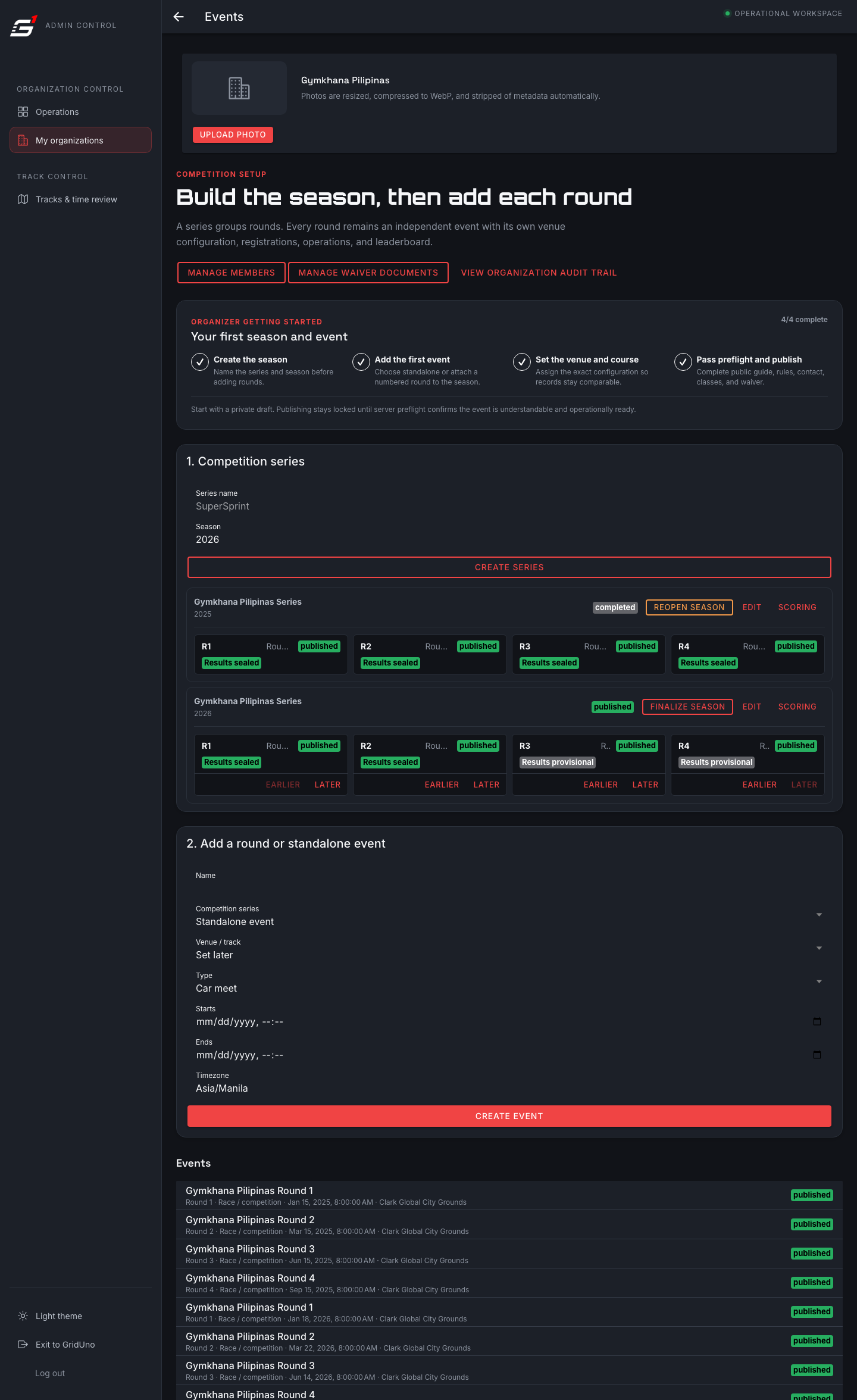 Back office — season & round management
