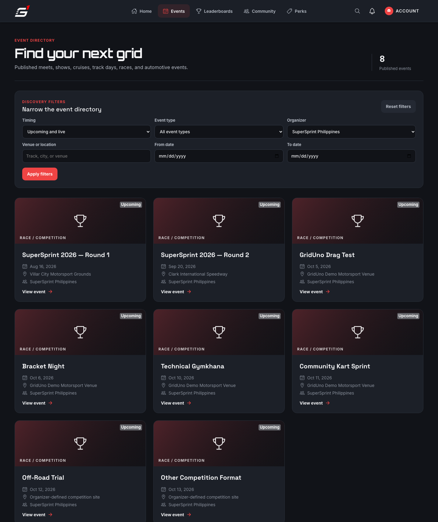 Event directory, filtered by organizer