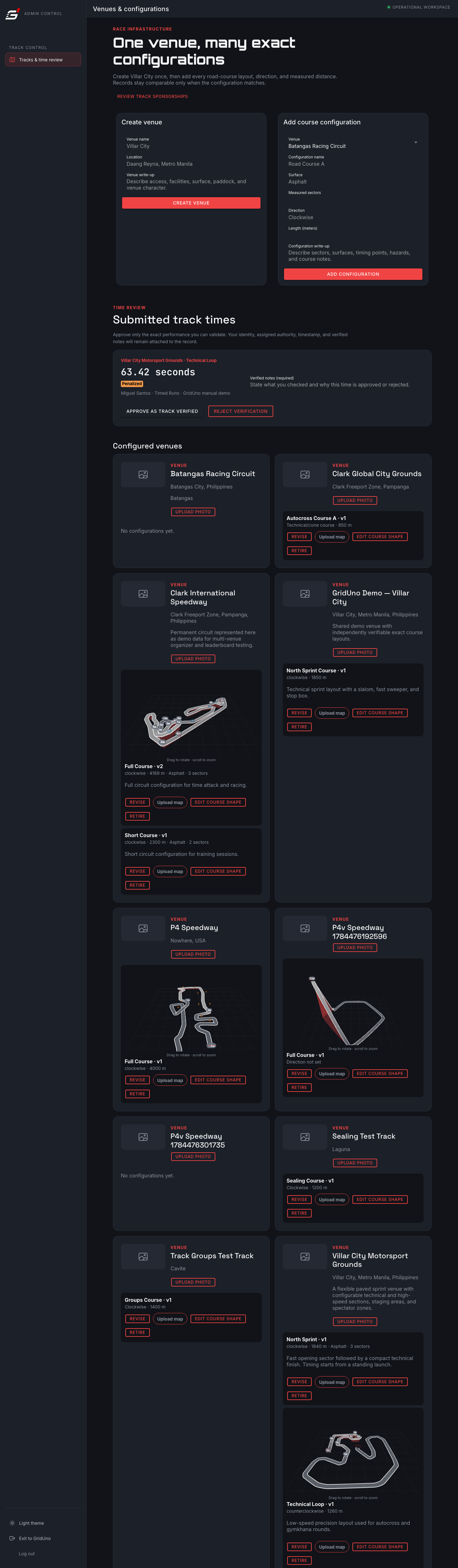 Venues & configurations, plus the track-verification queue