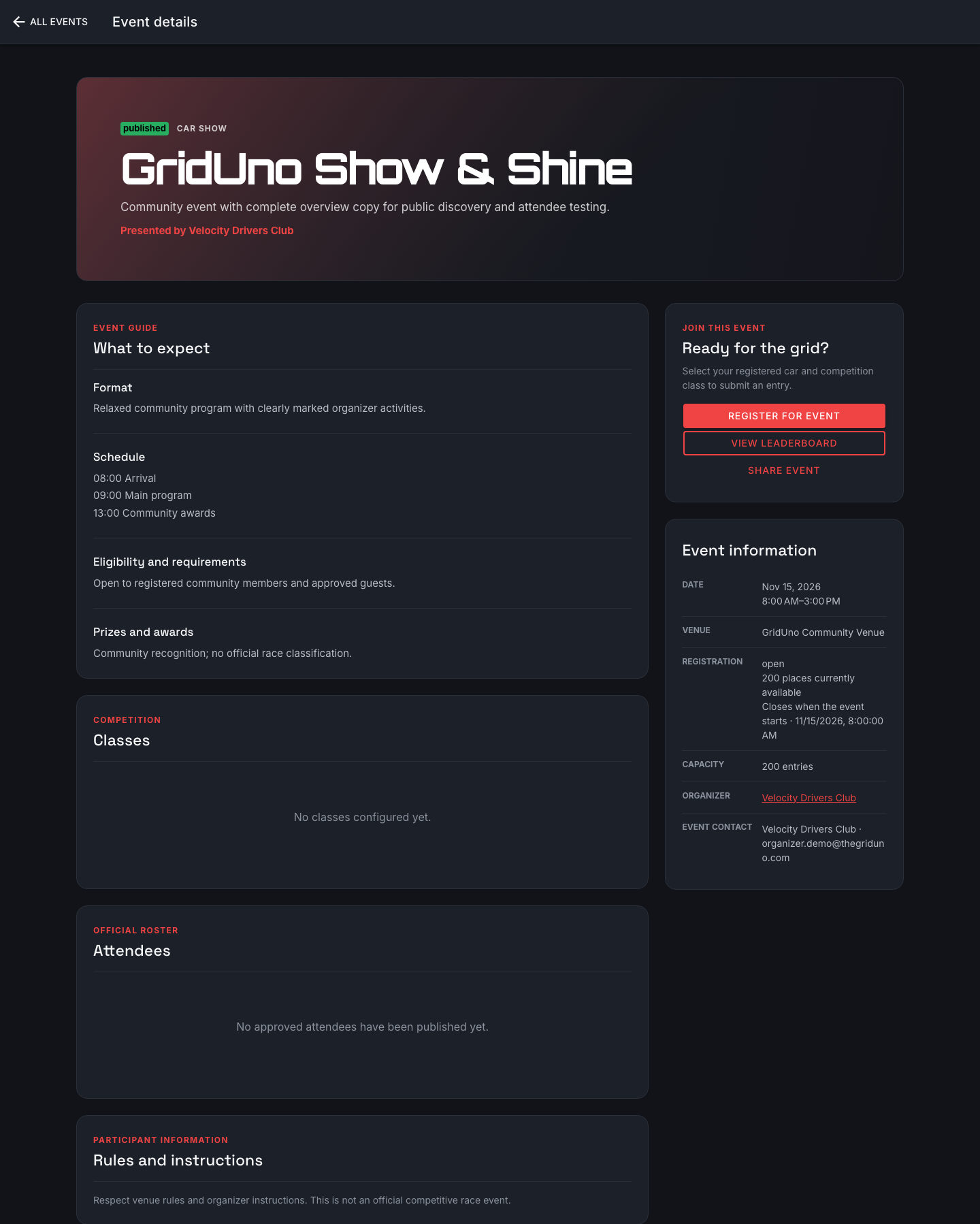 Car show event page