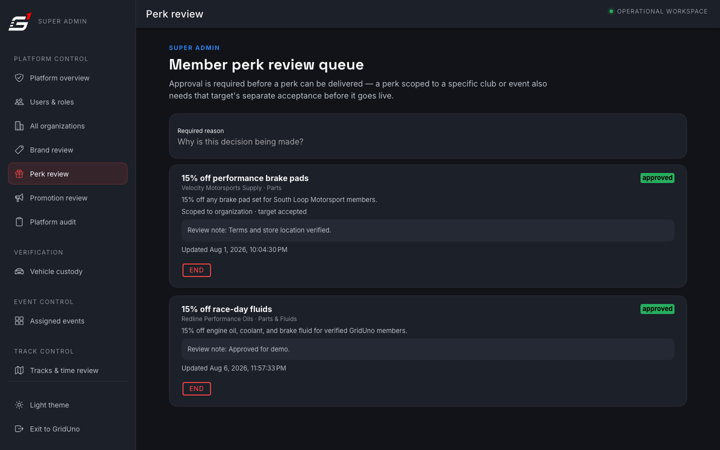 Member perk review queue